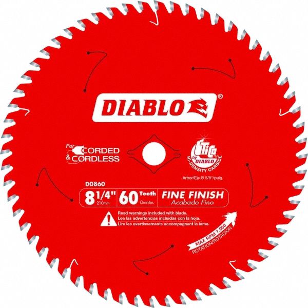 Circular Saw Blade: 8 1/4 in Blade Dia., 60 Teeth, 0.08 in Cut Wd, 5/8 in Arbor Size, Carbide