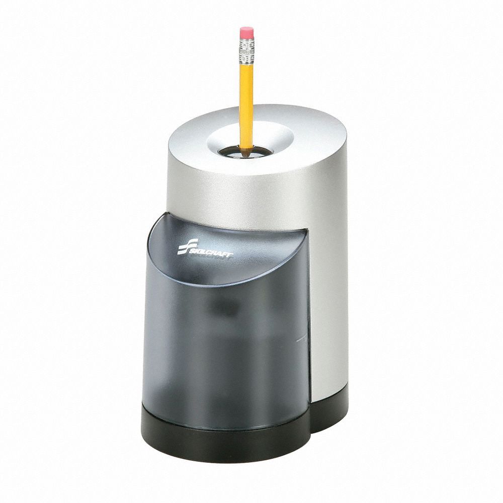 Pencil Sharpener: Plug-In, Gray, 5 3/4 in Overall Ht, Plastic, Top, Freestanding