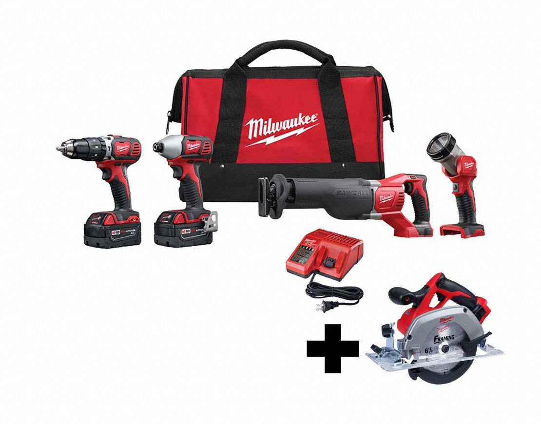 MILWAUKEE, 18 V Volt, 5 Tools, Cordless Combination Kit - 380FM3|2696 ...