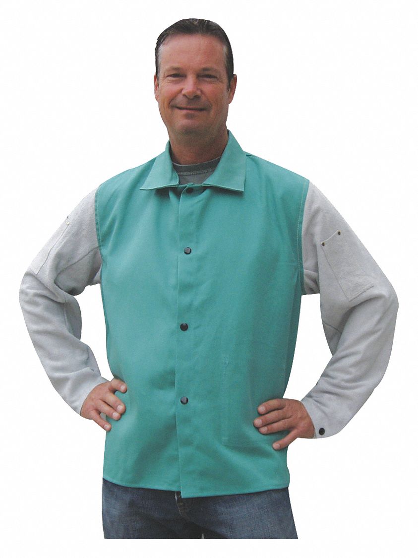 Welding Jacket: Men's, Cotton with Cowhide Sleeves ( 9 oz ), Green, Snaps, 1 Total Pockets