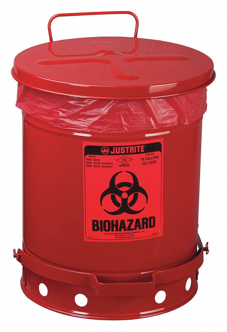 BIOHAZARD WASTE CAN, LD CAP 10 GAL, RED, 18.25 X 13.937 IN, STEEL