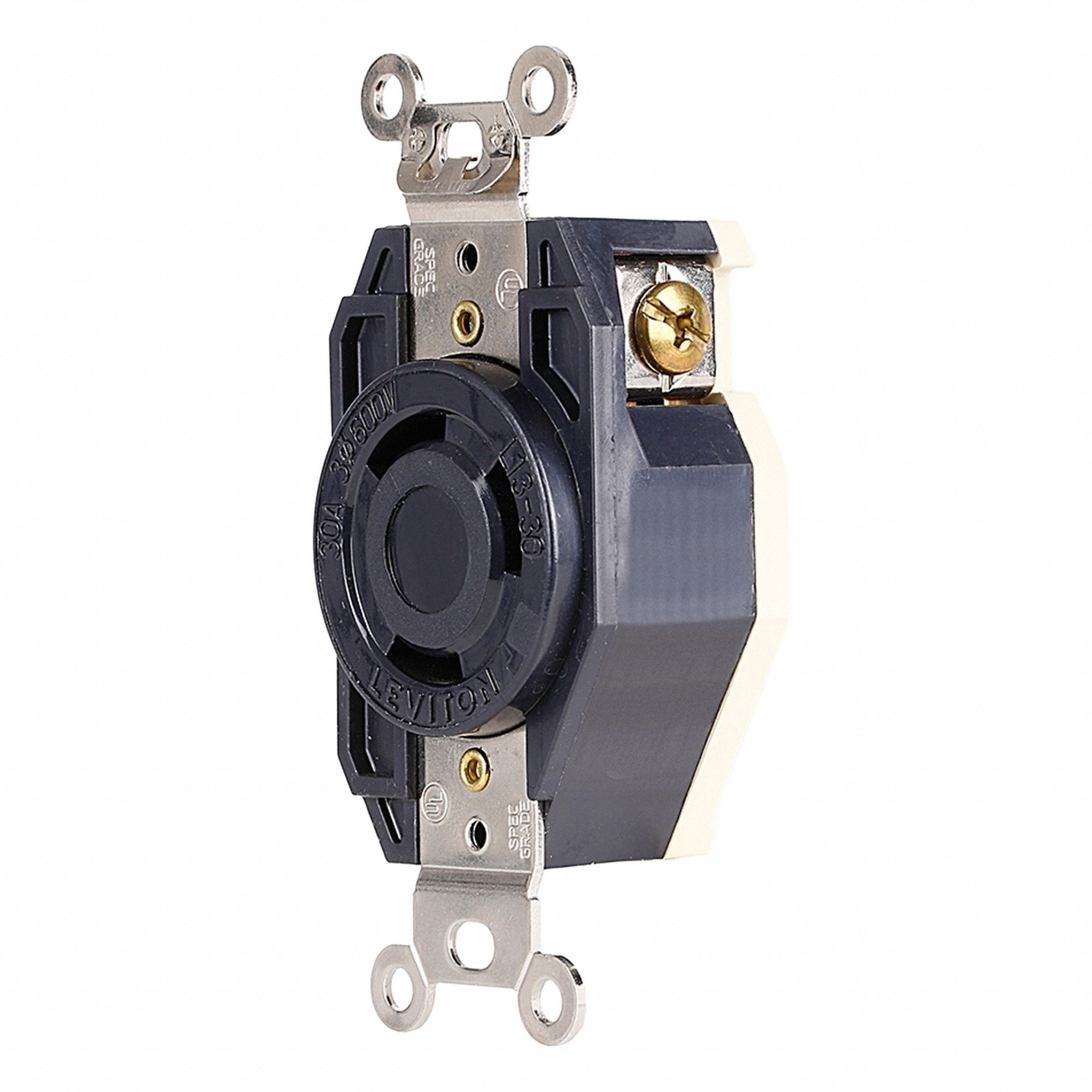 Flush Mounting Lock Receptacle: L13-30R, 30 A, 600V AC, Black, 3 Poles, Shrouded