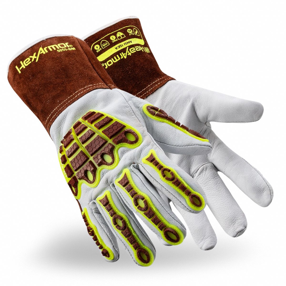 Welding Gloves: Full Thumb, Extended Gauntlet Cuff, Premium, TPR, HexArmor HeatArmor, 1 PR