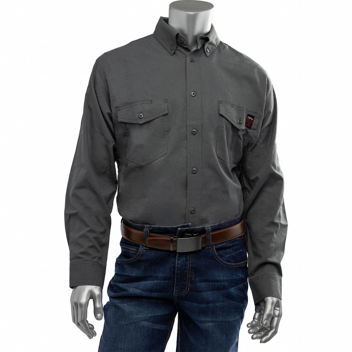 Flame-Resistant Shirt: 9 cal/sq cm ATPV, Men's, Tall, 2XL, Aramid ( 6 oz ), Long, Gray, Buttons