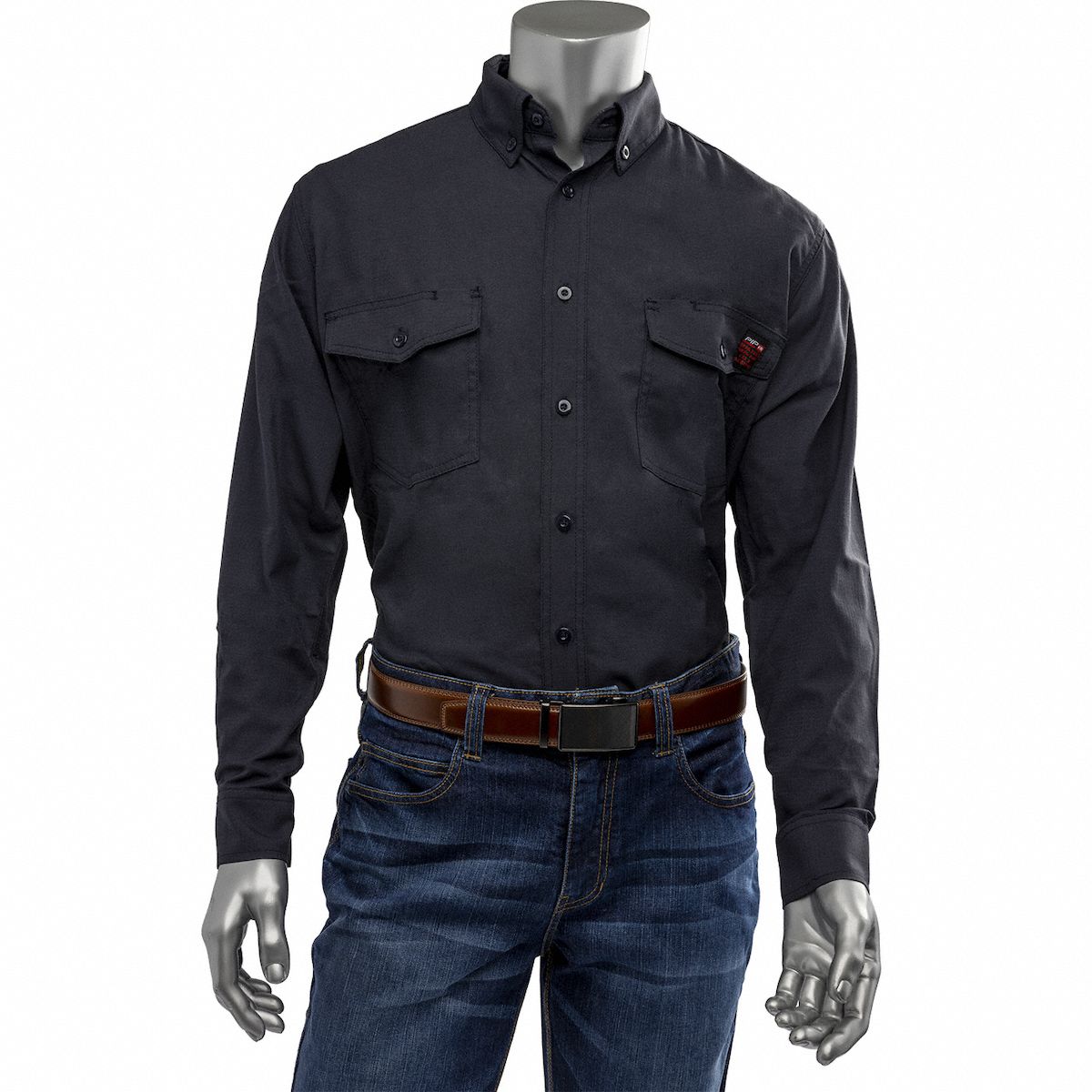 Flame-Resistant Shirt: 9 cal/sq cm ATPV, Men's, Tall, 2XL, Aramid ( 6 oz ), Long, Navy, Buttons