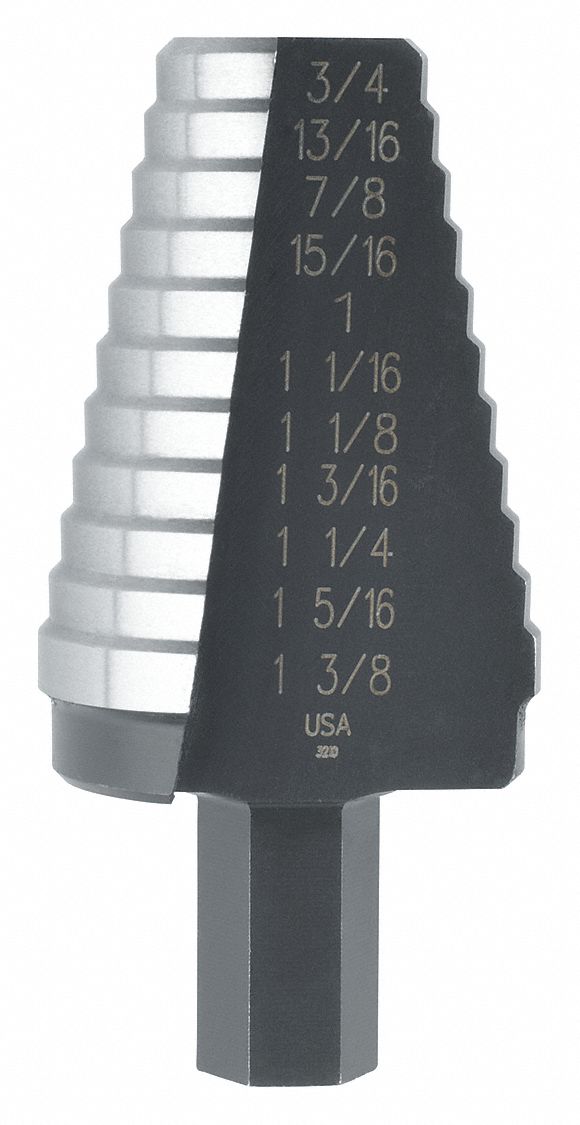 Step Drill Bit: 13/16" to 1-3/8", Black Oxide HSS, 3-Flats Shank