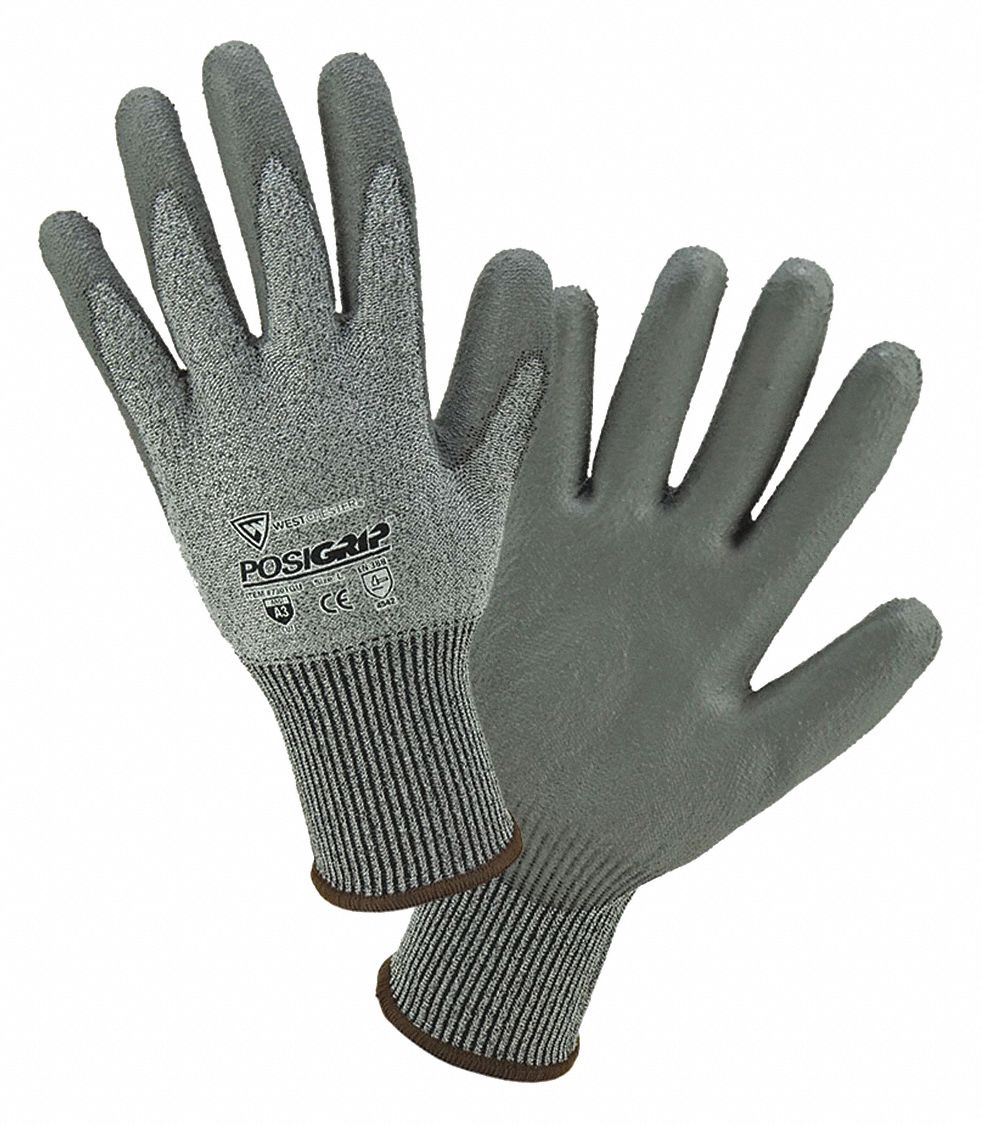 Coated Gloves: L ( 9 ), ANSI Cut Level A3, Palm, Dipped, Polyurethane, PolyKor® ( 13 ga ), 12 PK
