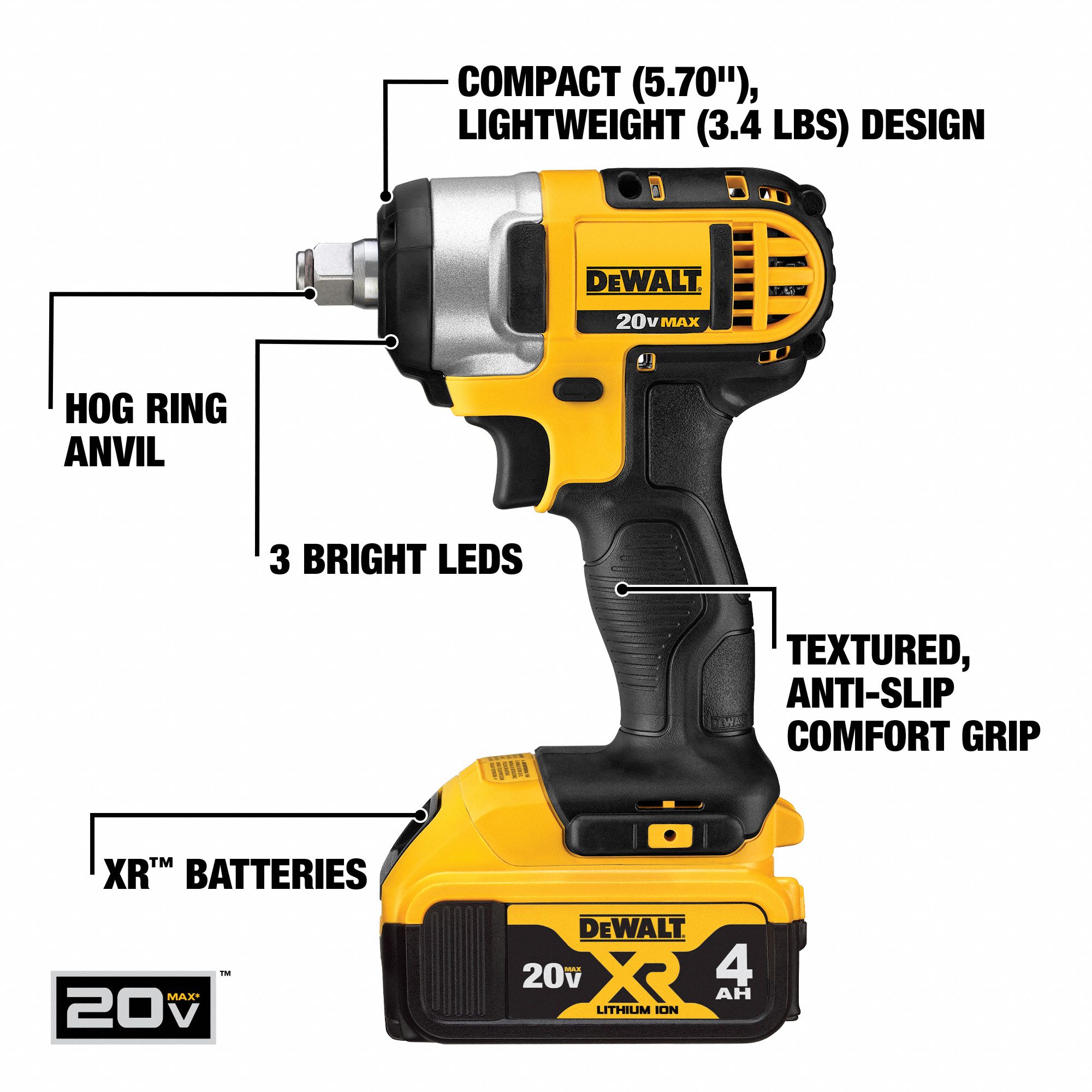 DEWALT Cordless, Impact Wrench, 20V DC, 150 ftlb Breakaway Torque