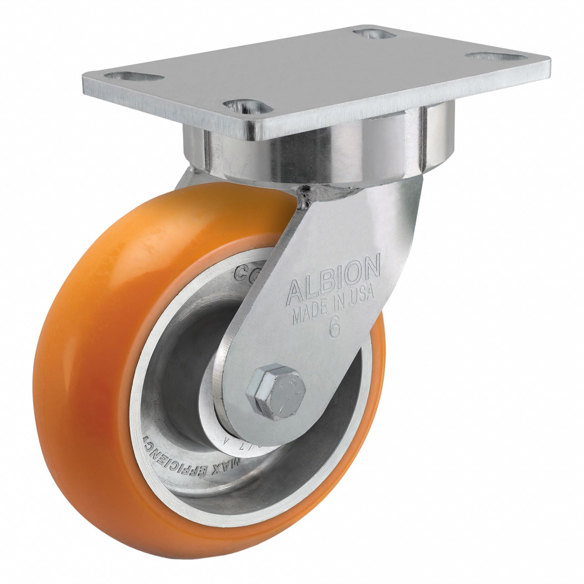 Plate Caster: Swivel, No Brake, Polyurethane, 6 in Wheel Dia., 2 in Wheel Wd, Slot, Rectangle