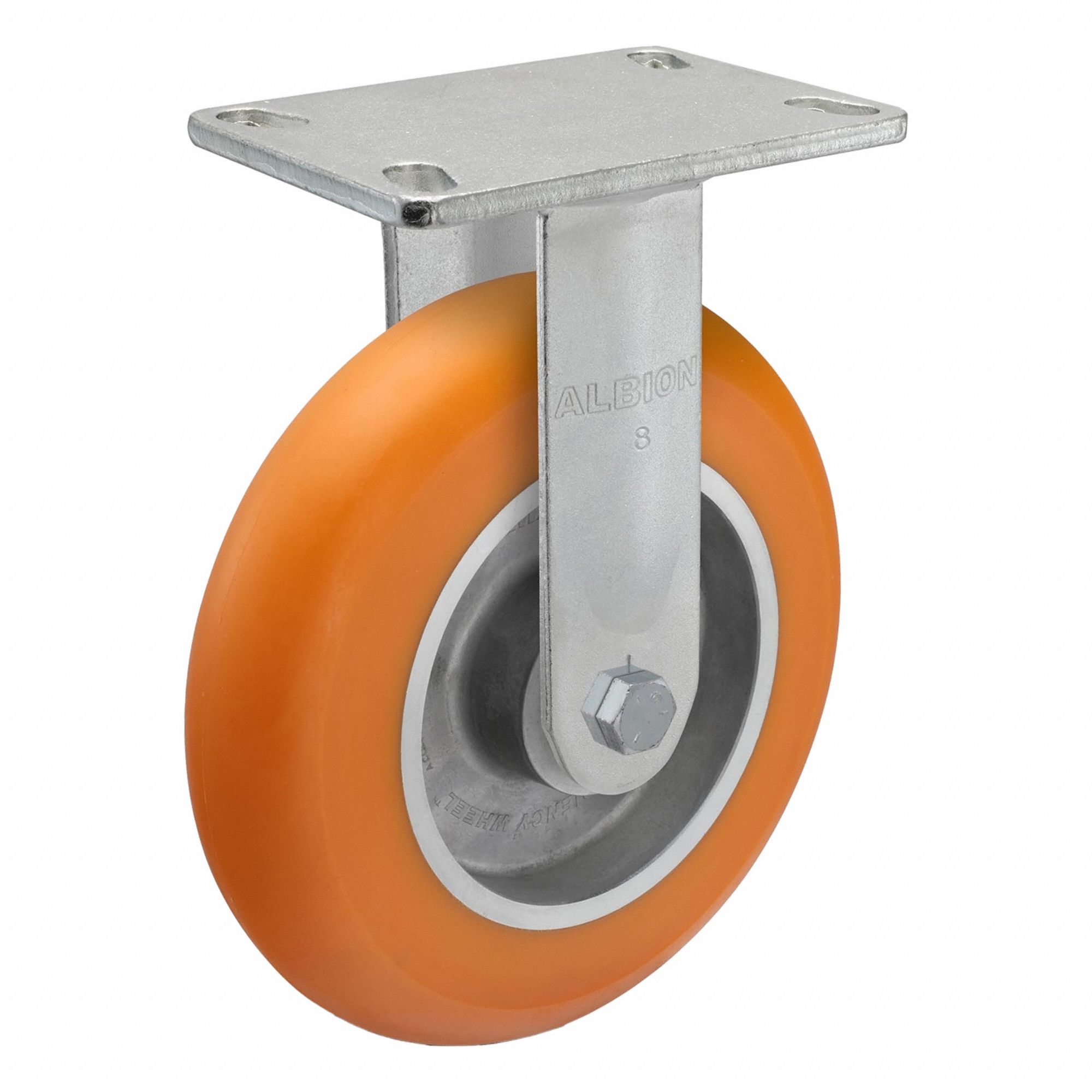 Plate Caster: Rigid, No Brake, Polyurethane, 8 in Wheel Dia., 2 in Wheel Wd, Slot, Rectangle