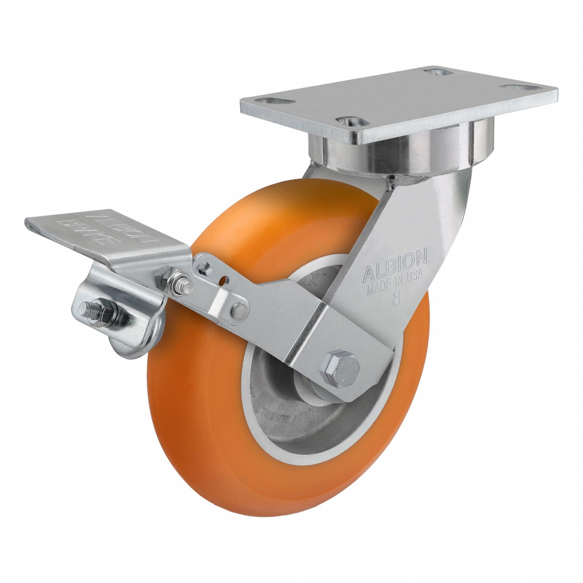 Plate Caster: Swivel, Face Brake, Polyurethane, 8 in Wheel Dia., 2 in Wheel Wd, Slot, Ball