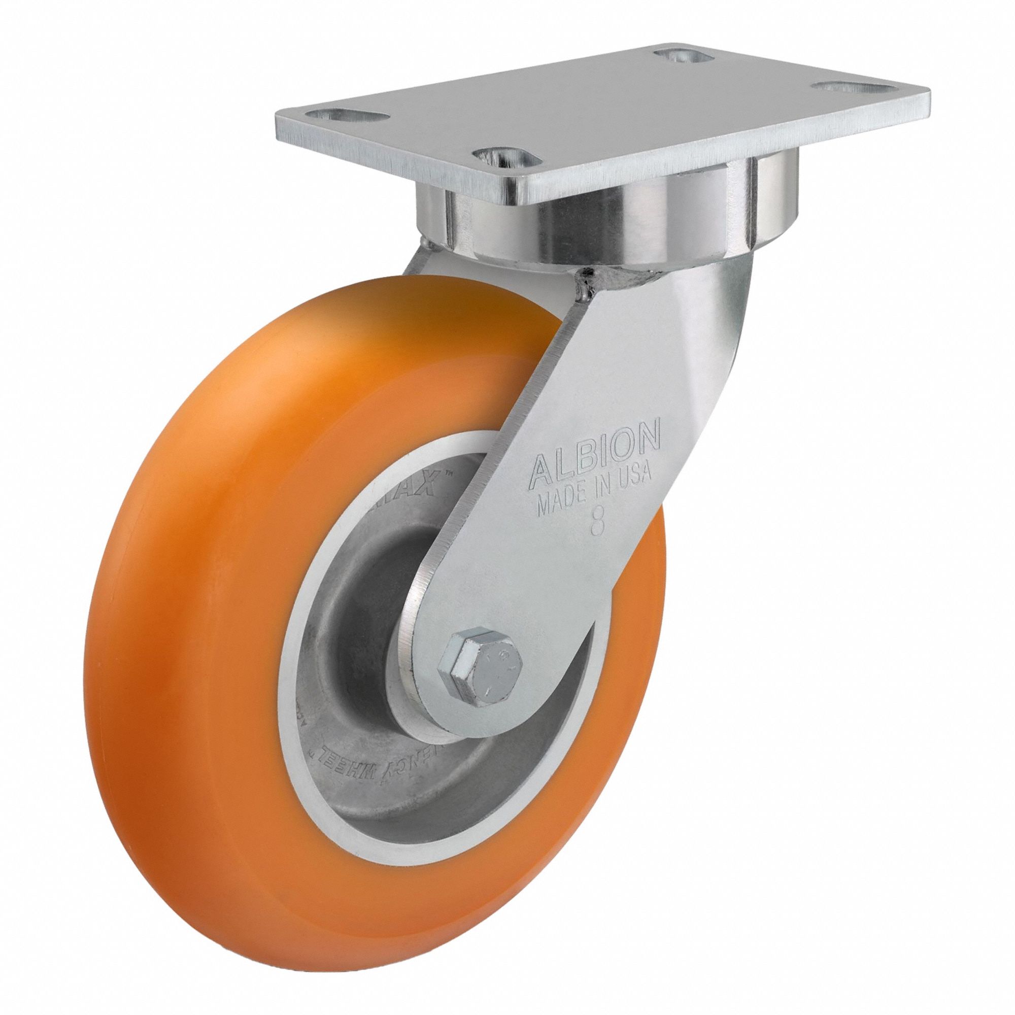 Plate Caster: Swivel, No Brake, Polyurethane, 8 in Wheel Dia., 2 in Wheel Wd, Slot, Rectangle