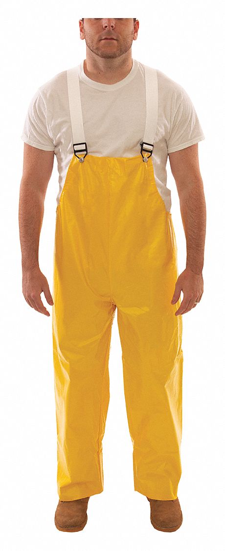 Non-Woven Poly Bib Overall: PVC, 2XL, Yellow, 32 in Inseam, 50 in Max Waist Size, Snap