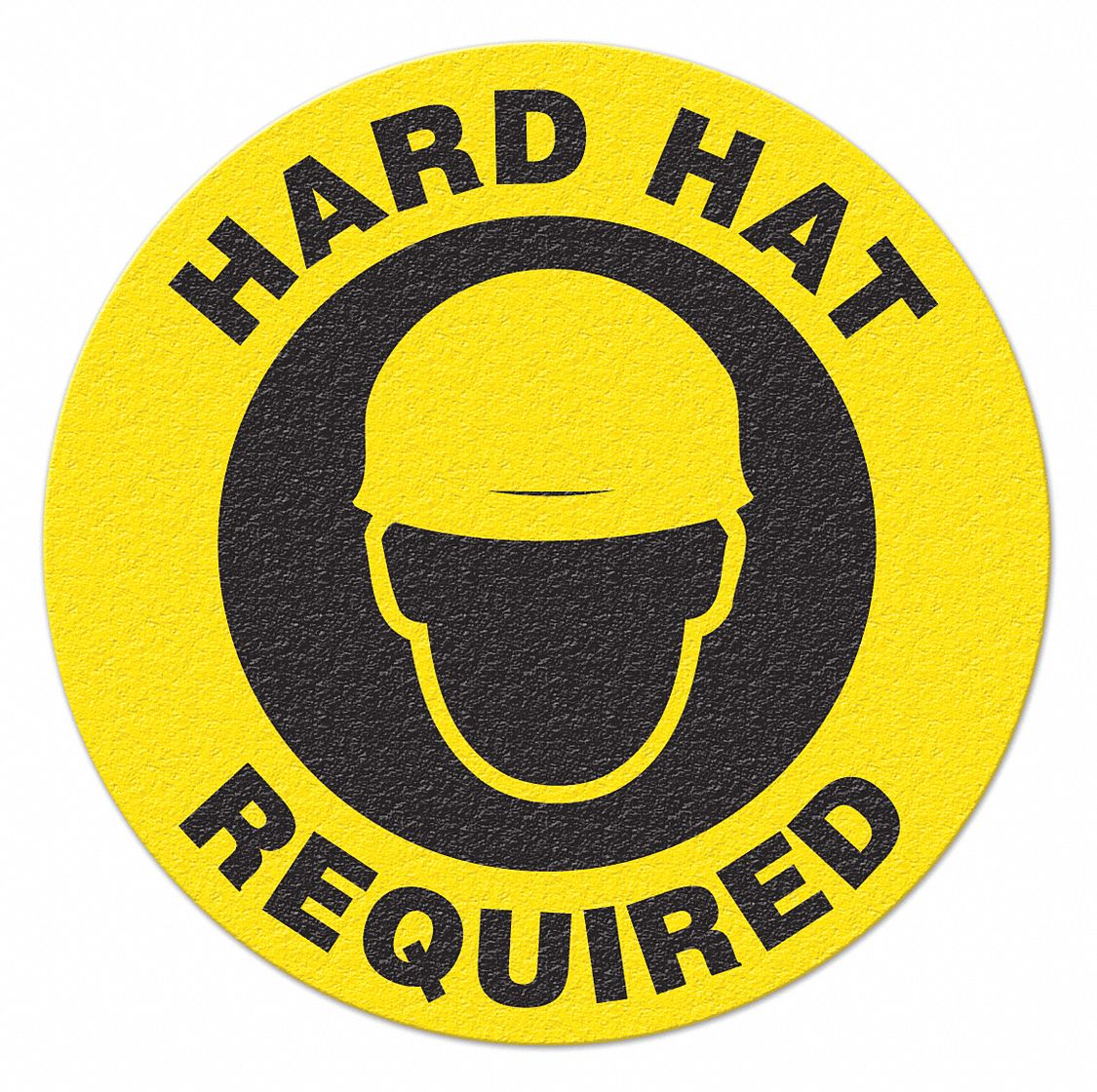 SAFETY FLOOR SIGN, PLASTIC, HARD HAT REQUIRED, NO HEADER, CIRCLE, 1/32 IN H, 17 IN W, ADHESIVE MOUNT, BLACK/YELLOW