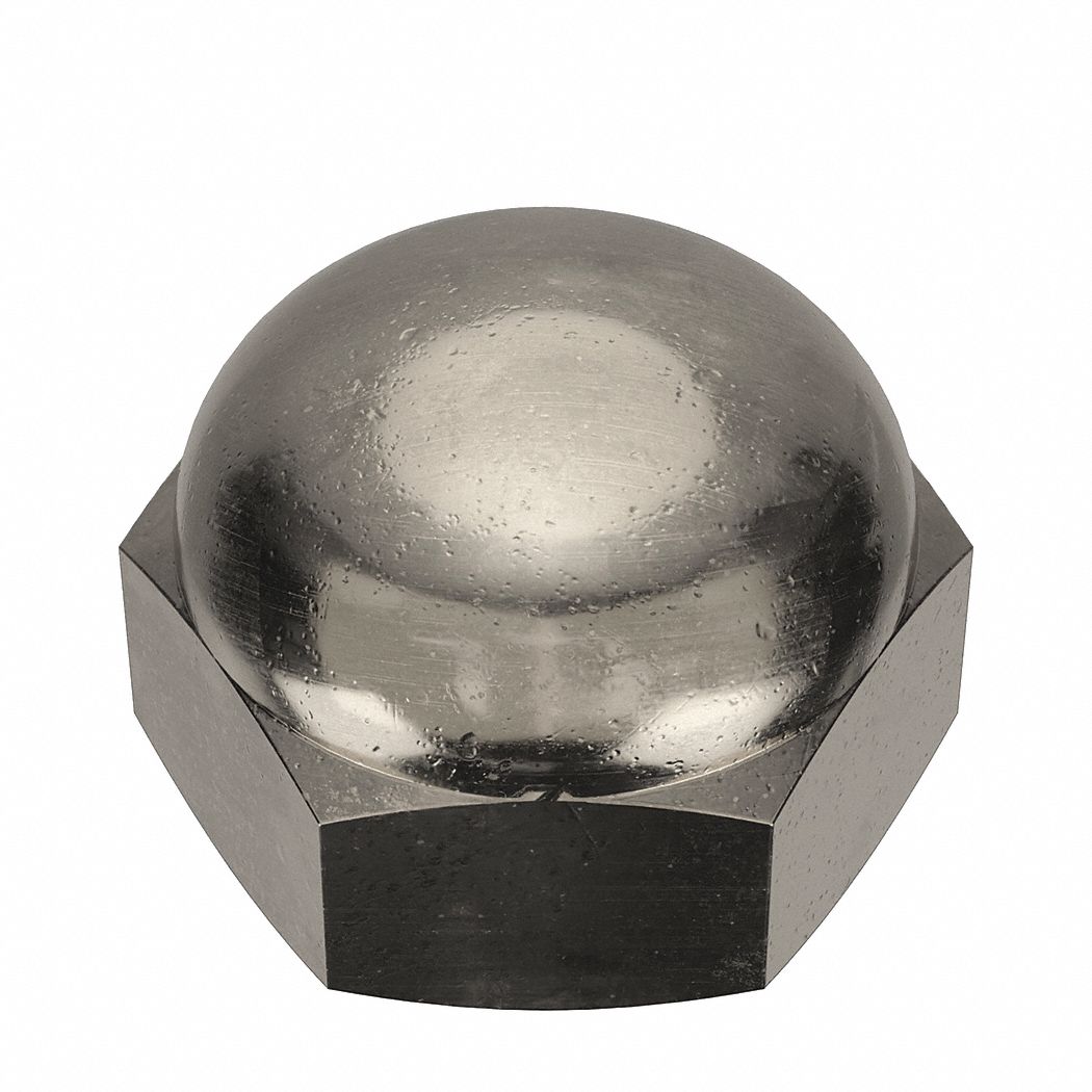 Cap Nut: 1/2"-13 Thread, Nickel-Plated, C36000, Brass, 0.563 in Ht, 3/4 in Hex Wd, 5 PK
