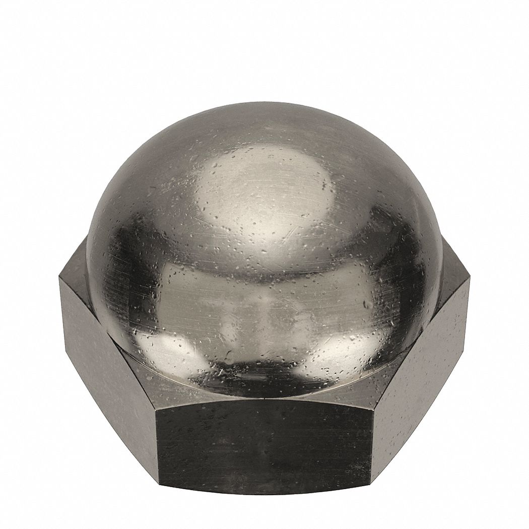 Cap Nut: 5/8"-11 Thread, Nickel-Plated, C36000, Brass, 0.75 in Ht, 15/16 in Hex Wd