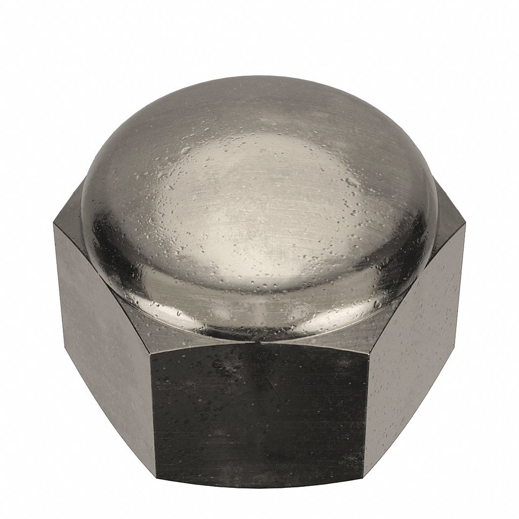Cap Nut: 3/4"-16 Thread, Nickel-Plated, C36000, Brass, 0.875 in Ht, 1 1/16 in Hex Wd