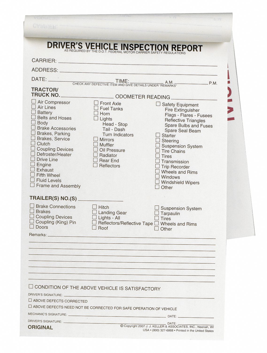 W/Carbon Vehicle Inspection Form 2 Ply