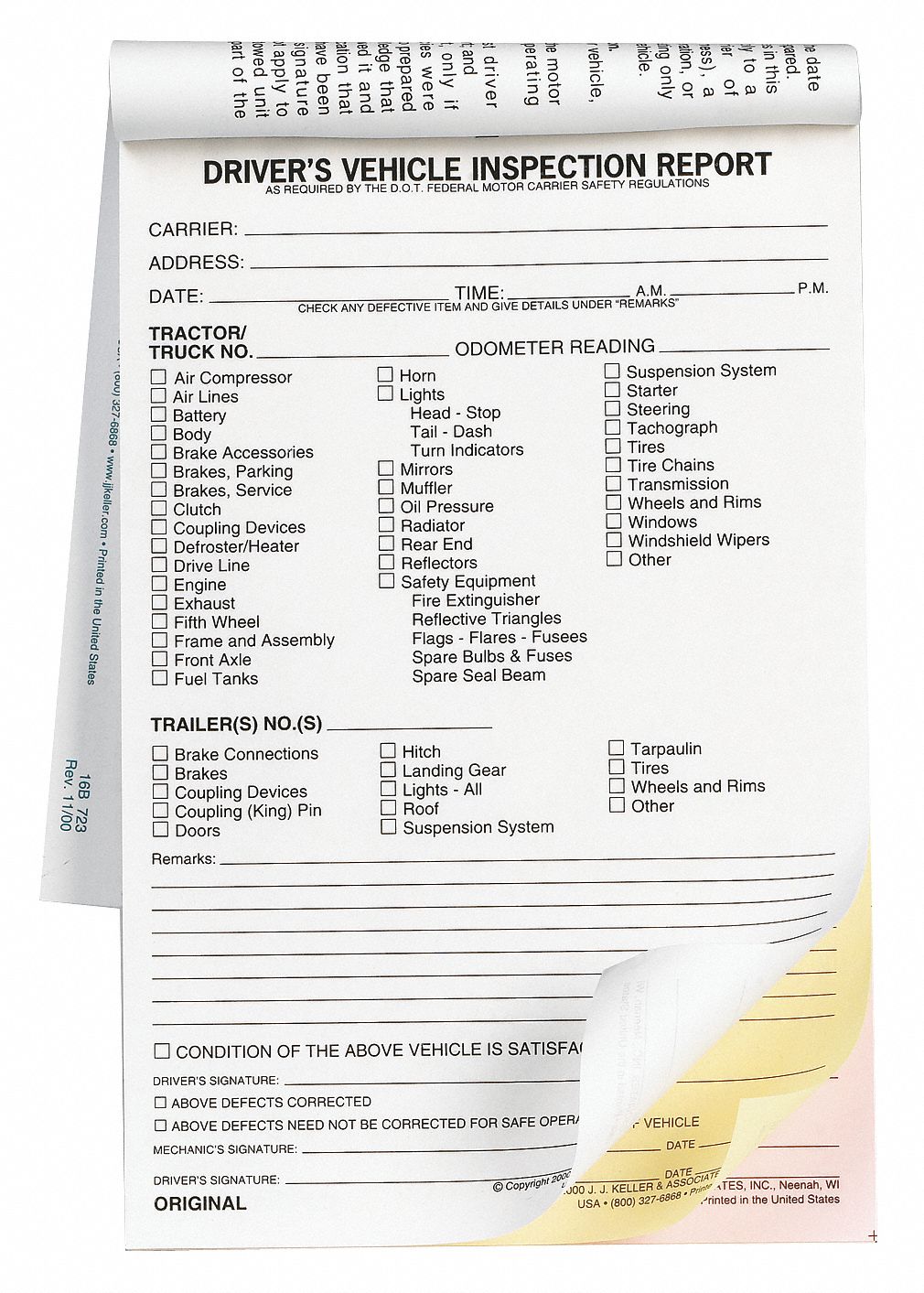 38D296 - Vehicle Inspection Form 3 Ply W/Carbon