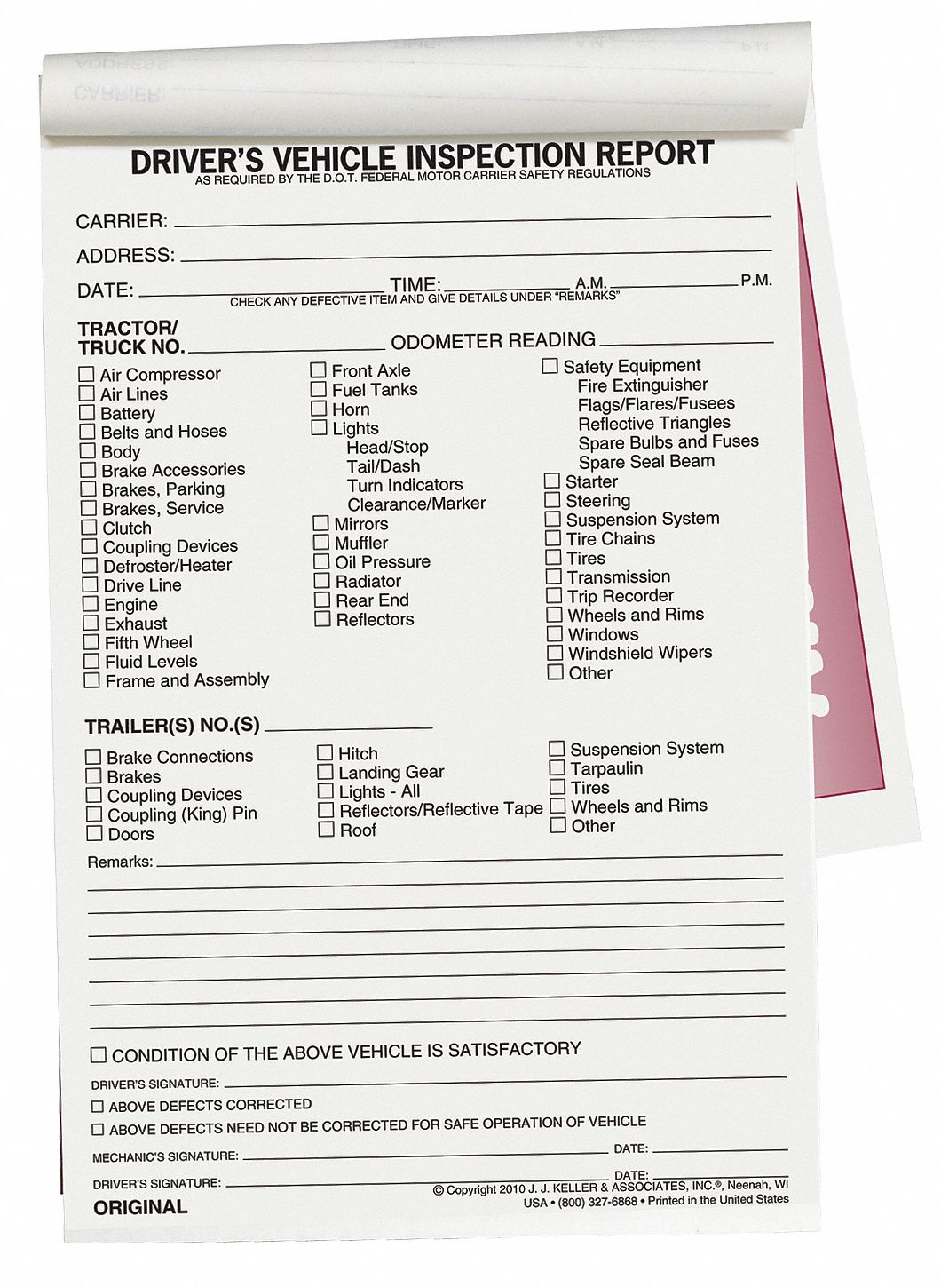 Vehicle Inspection Form, 22 Ply, Carbonless Inside Vehicle Inspection Report Template