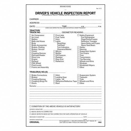 JJ KELLER, Carbonless, Driver Vehicle Inspection Report, Driver Vehicle ...