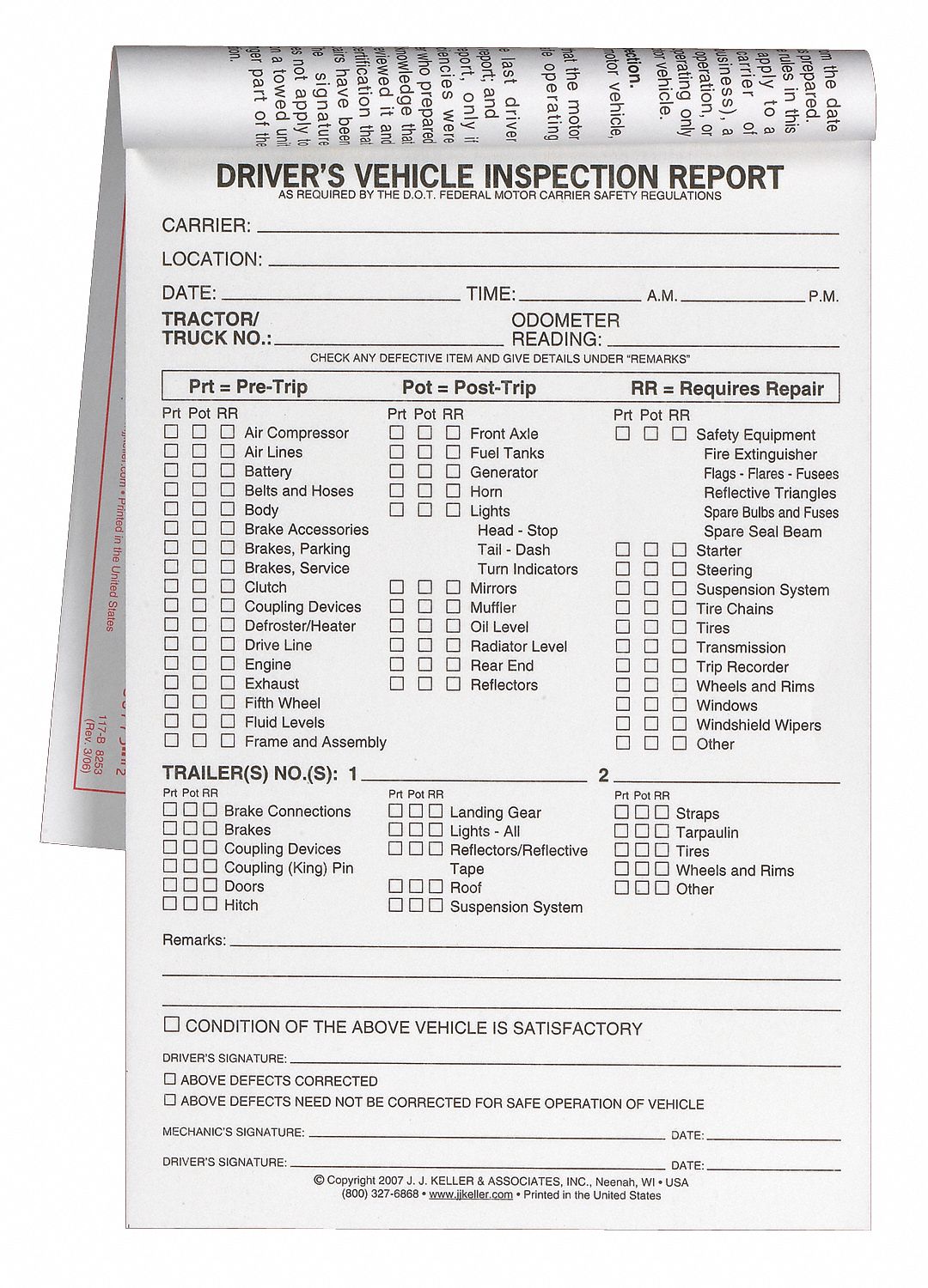 38D299 - Vehicle Inspection Form 2 Ply Carbonless