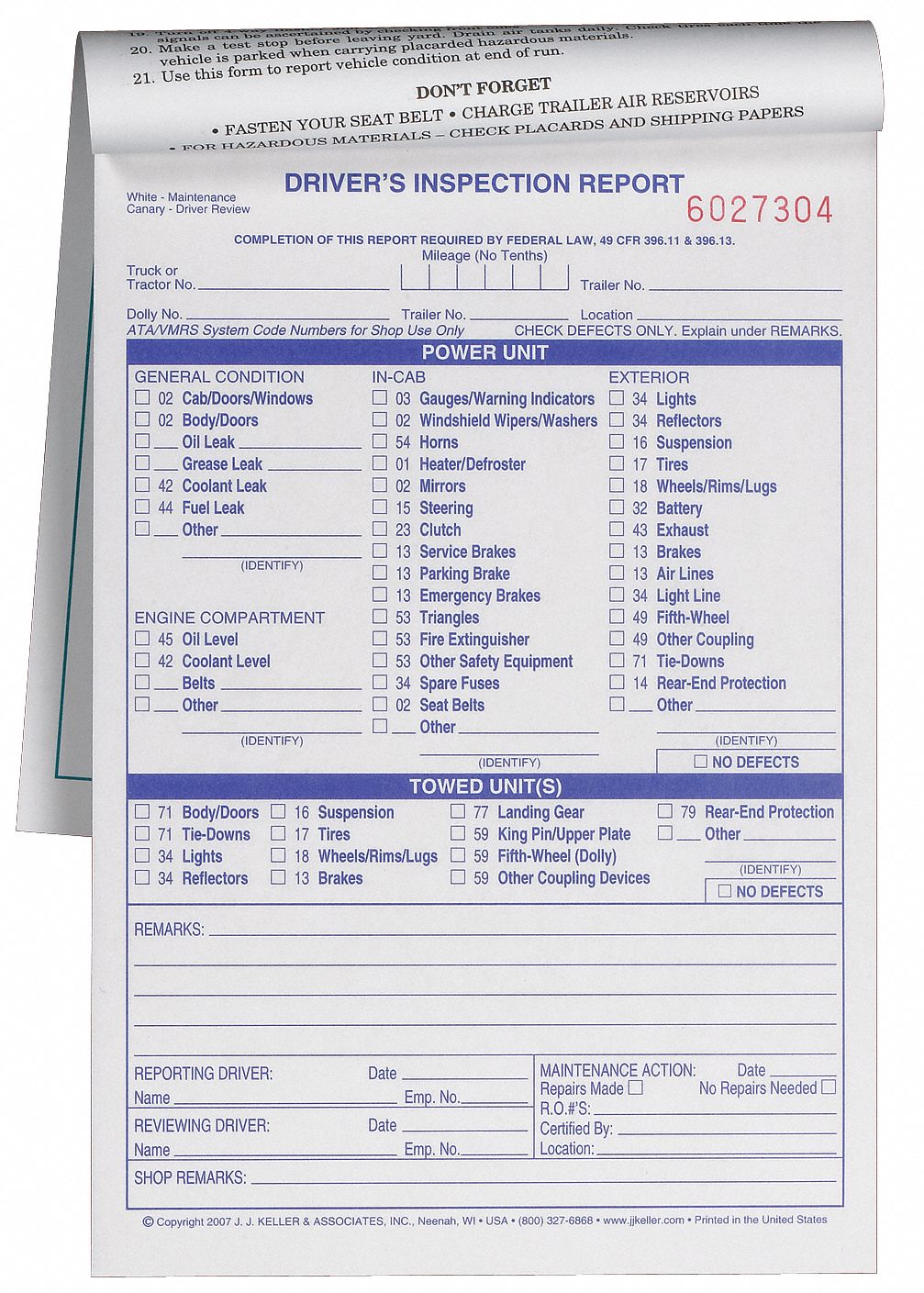 38D301 - Vehicle Inspection Form 3 Ply Carbonless