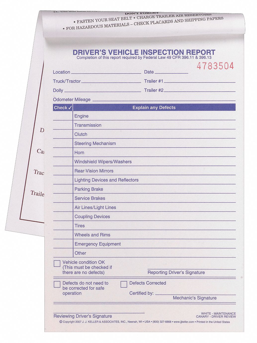 38D304 - Vehicle Inspection Form 2 Ply Carbonless
