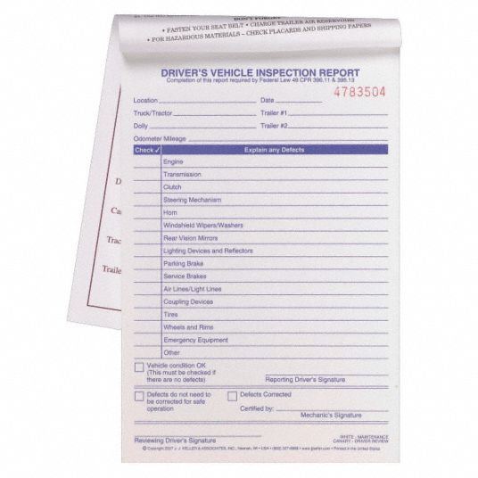 JJ KELLER Driver Vehicle Inspection Form: Carbonless, 2 Plies, Tractor ...