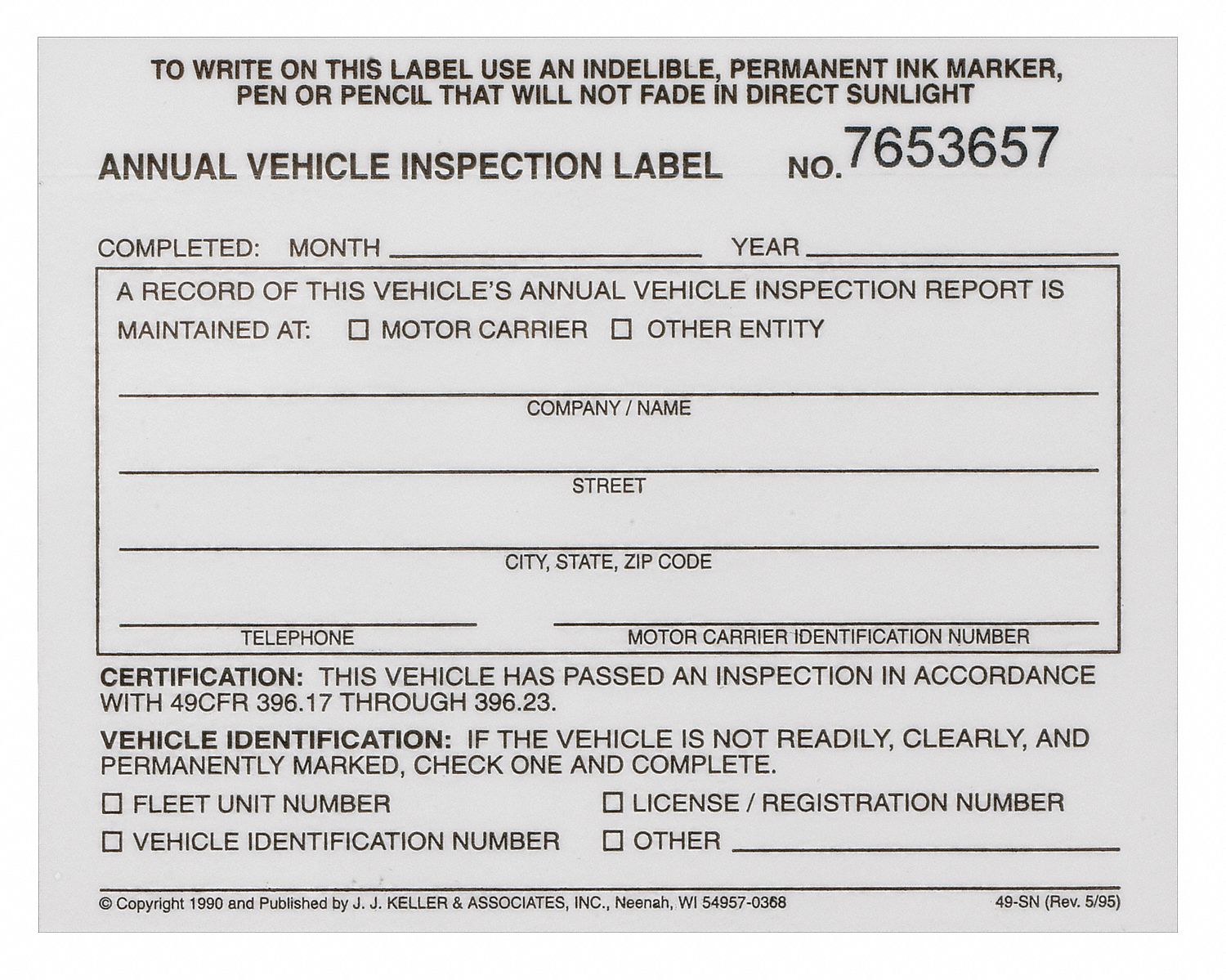 Vinyl w/Mylar Laminate 20 Annual Vehicle Inspection Label 