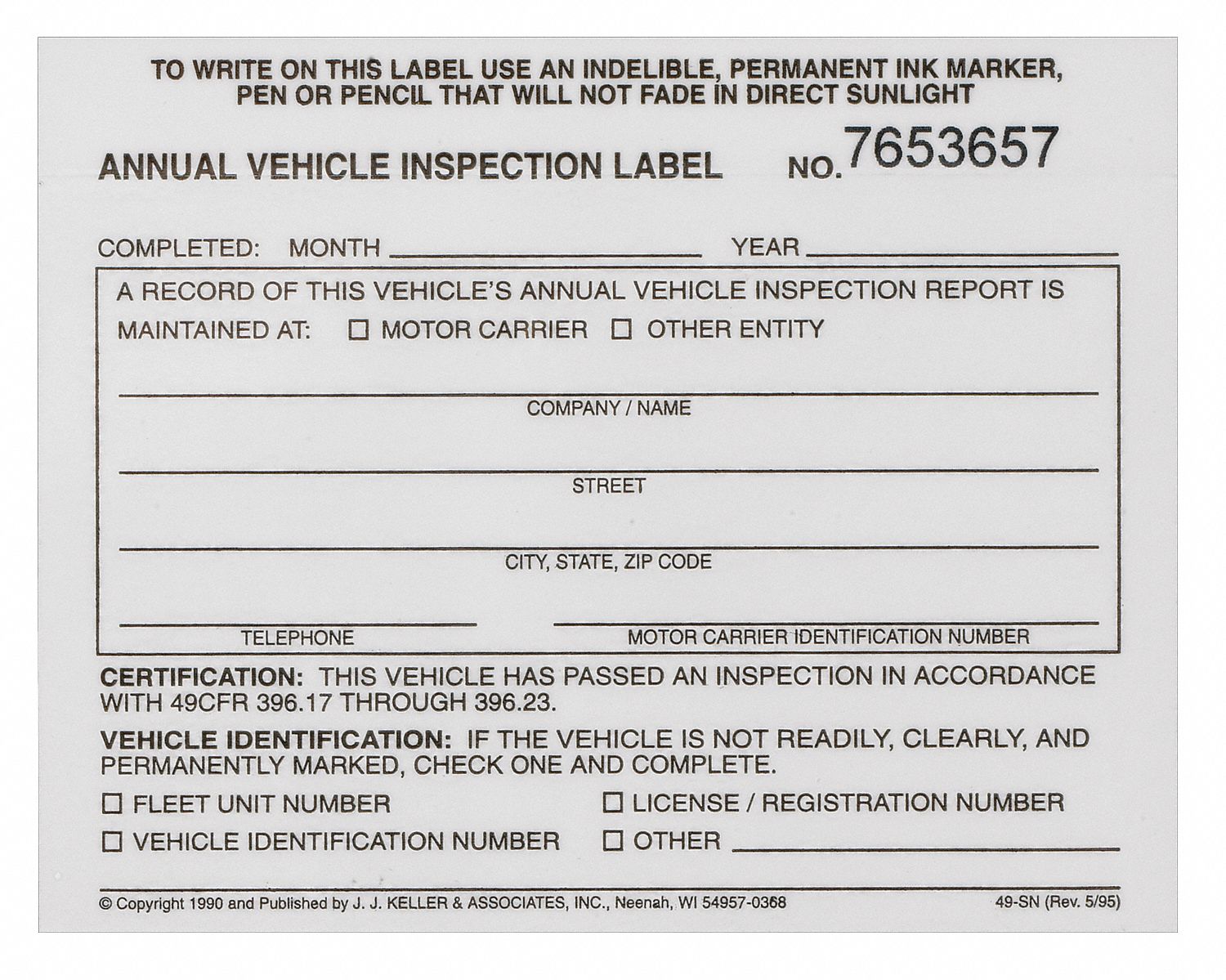 JJ KELLER, Carbonless, 2 Plies, Vehicle Inspection Decal 52VR121279