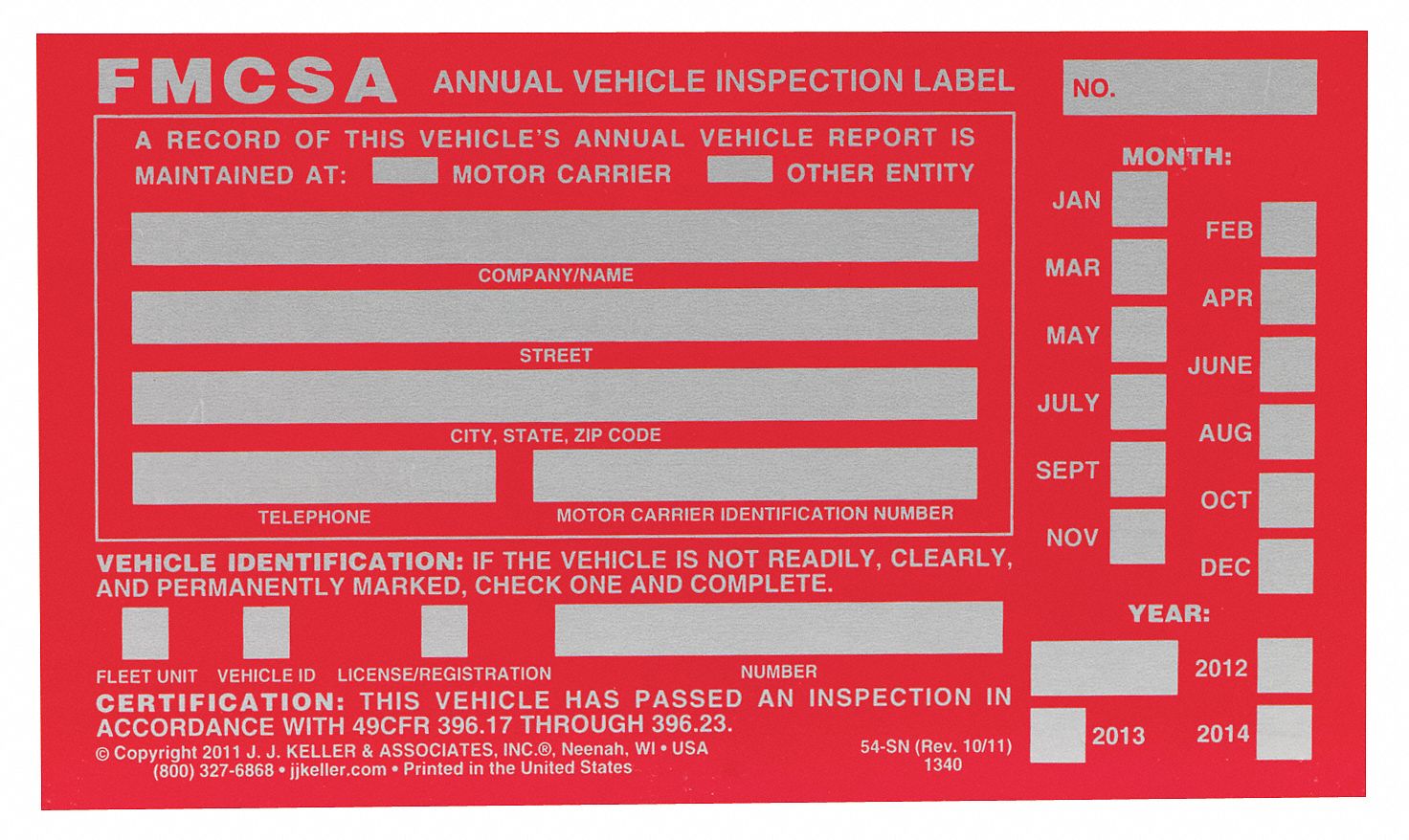 JJ KELLER Vehicle Inspection Decal, Aluminum, PK10 52VR131340 Grainger