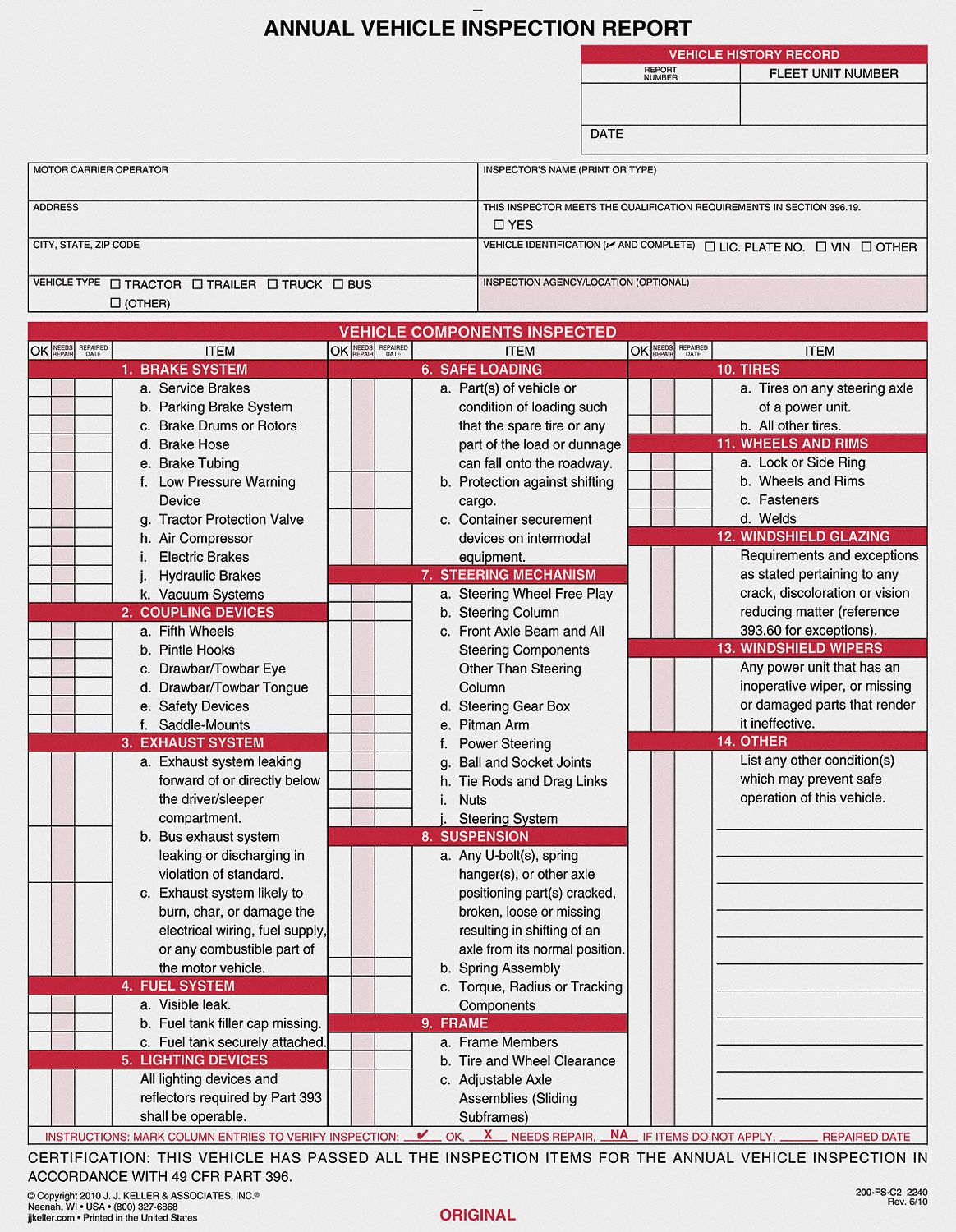 JJ KELLER, With Carbon, 2 Plies, Vehicle Inspection Report 52VR15