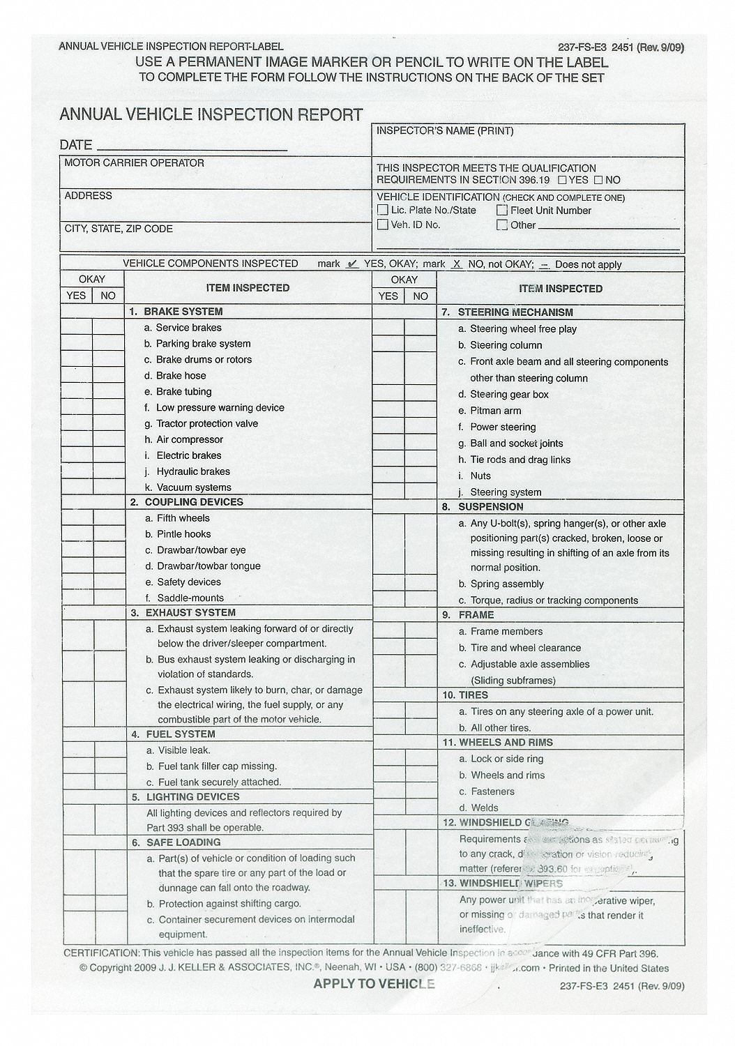 Vehicle Inspection Report/Label, PK22 Within Vehicle Inspection Report Template