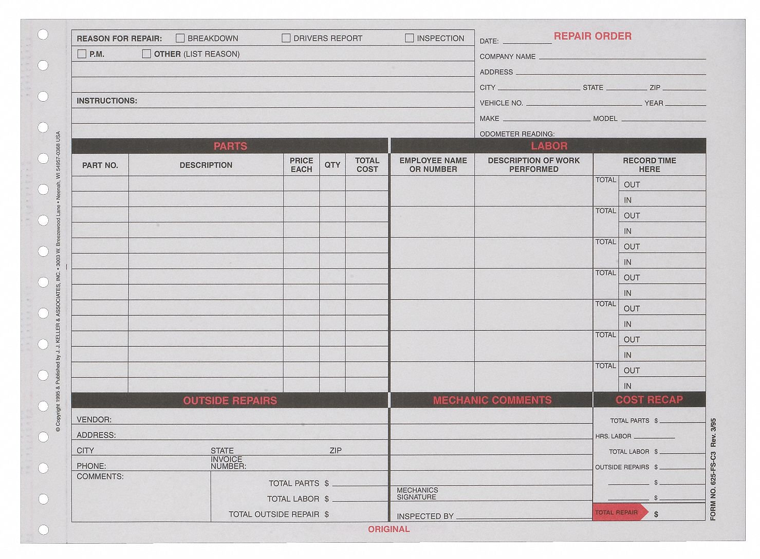 JJ KELLER, Carbonless, 3 Plies, Garage Repair Order Form 52VR233666