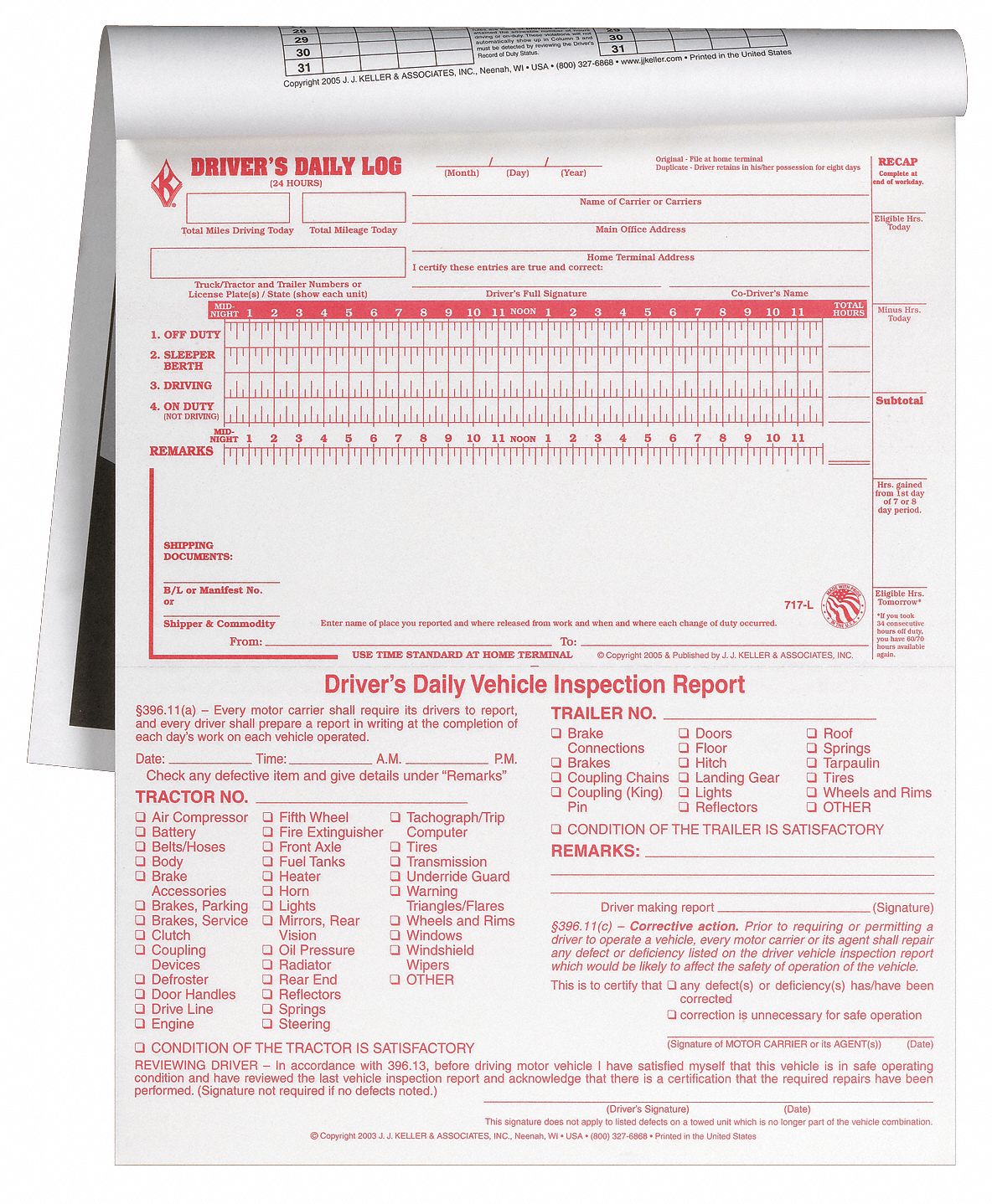 J.J. Keller 701L Driver's Daily Log Book w/ No DVIR, 2-Ply, Carbonless, w/ Recap (MOST POPULAR)