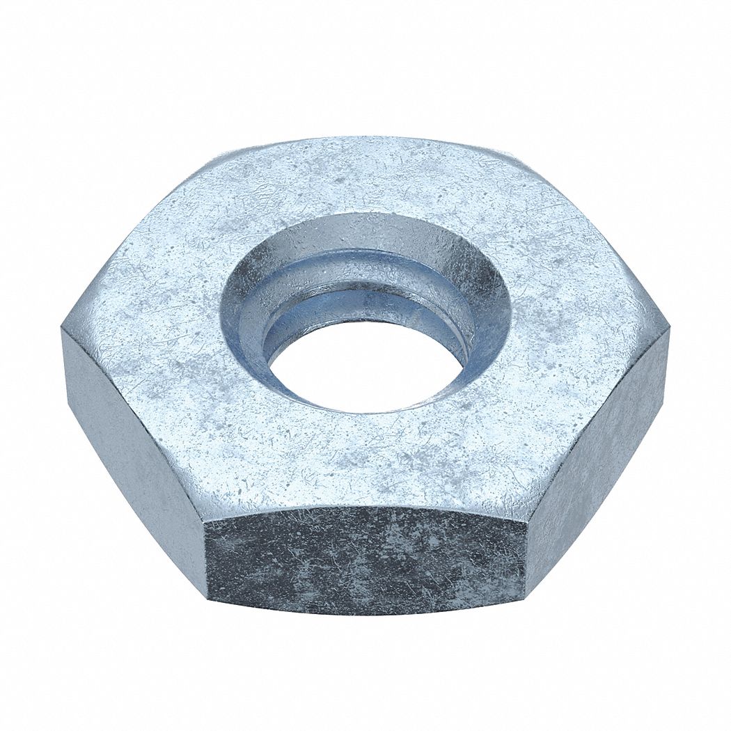 Hex Nut: Jam Hex, M10x1.50 Thread, 17 mm Hex Wd, 5 mm Hex Ht, Steel, Class 4, Zinc-Plated, 100 PK