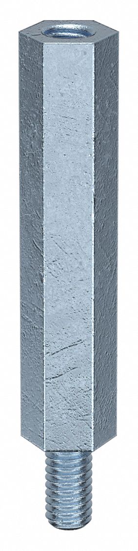 Standoff: M4-0.7 Thrd Sz, 43 mm Lg, 35 mm Body Lg, 8 mm Thread Lg, 7 mm Hex Wd, Steel, Zinc Plated