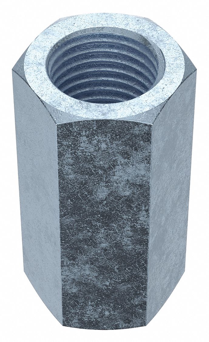 Coupling Nut: Zinc-Plated, Steel, M20x2.50 Thread, 30 mm Hex Wd, 60 mm Lg, 10 PK