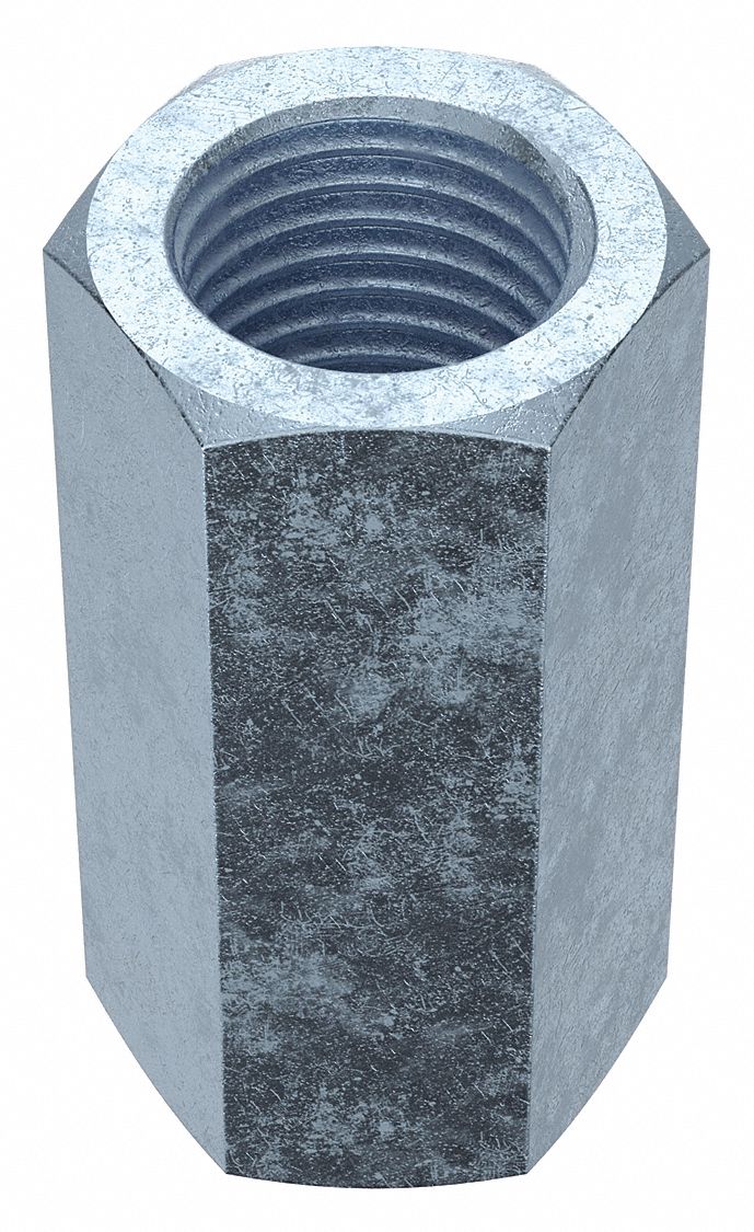 Coupling Nut: Zinc-Plated, Steel, M24x3.00 Thread, 36 mm Hex Wd, 72 mm Lg, 5 PK