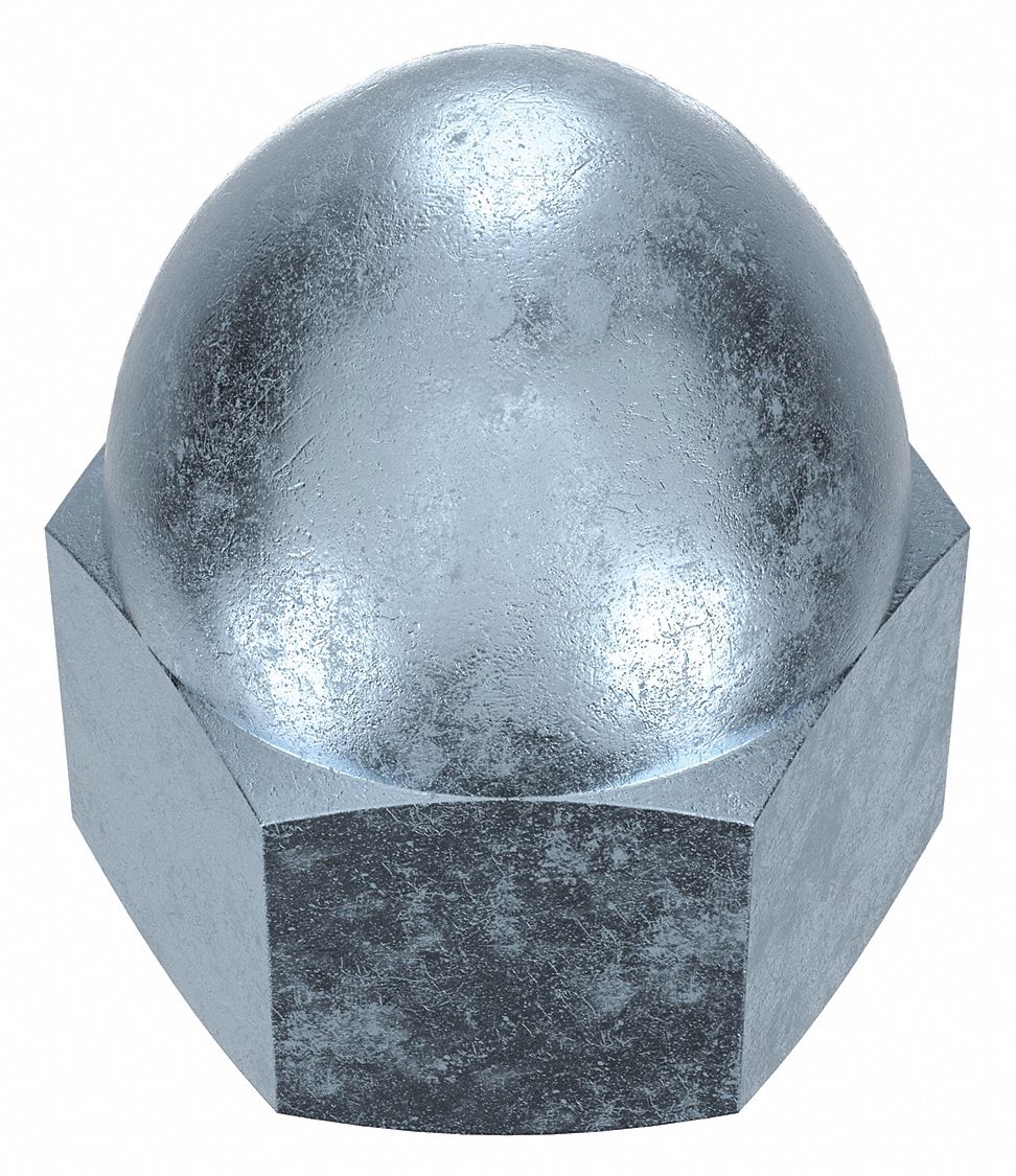 Cap Nut: High Crown, M5x0.80 Thread, Zinc-Plated, Class 6, Steel, 10 mm Ht, 8 mm Hex Wd, 100 PK