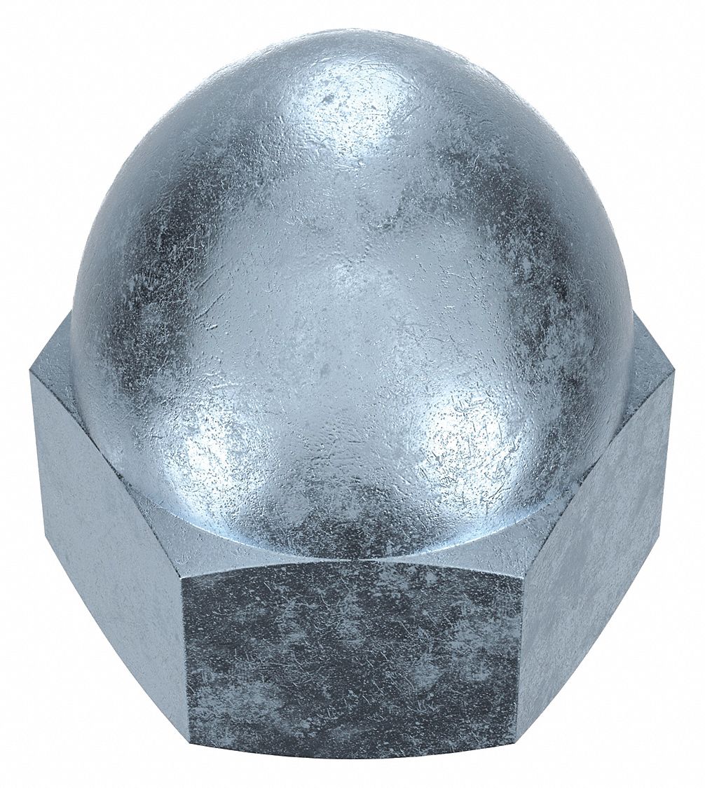 Cap Nut: High Crown, M24x3.00 Thread, Zinc-Plated, Class 6, Steel, 42 mm Ht, 36 mm Hex Wd, 5 PK