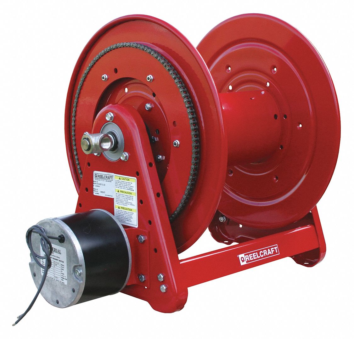 ELECTRIC MOTOR DRIVEN HOSE REEL: 100 FT (¾ IN I.D.), 1,000 PSI MAX OP PRESSURE, IRON