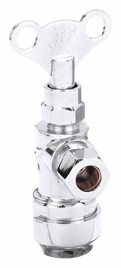 WATER SUPPLY STOP: ½ IN COMPRESSION, ⅜ IN COMPRESSION, CHROME-PLATED BRASS, ANGLE BODY