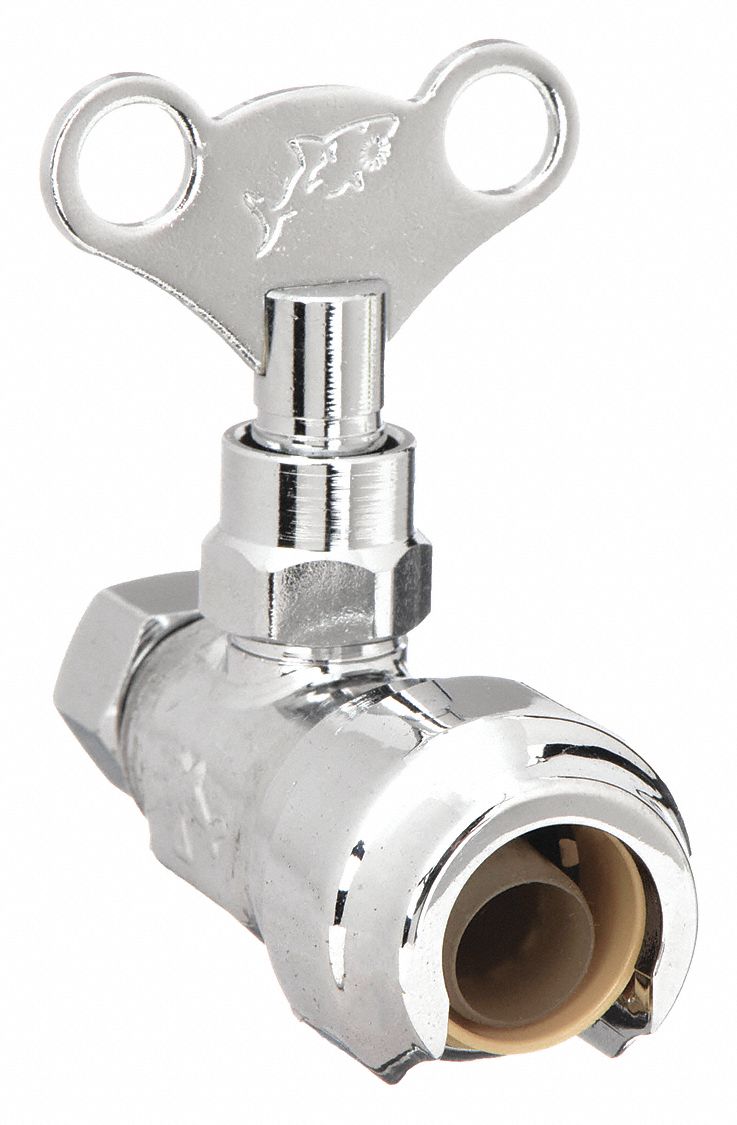 WATER SUPPLY STOP: ½ IN COMPRESSION, ⅜ IN COMPRESSION, CHROME-PLATED BRASS, ¼-TURN