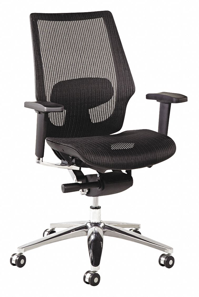 Desk Chair: Adj Arm, Black, Mesh, 250 lb Wt Capacity, 18 in to 20 in Nom. Seat Ht. Range