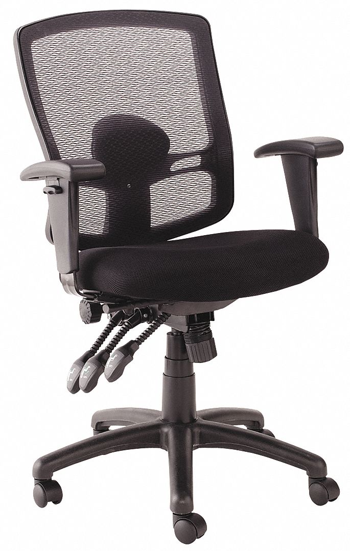Desk Chair: Adj Arm, Black, Mesh, 250 lb Wt Capacity, 18 in to 21 in Nom. Seat Ht. Range