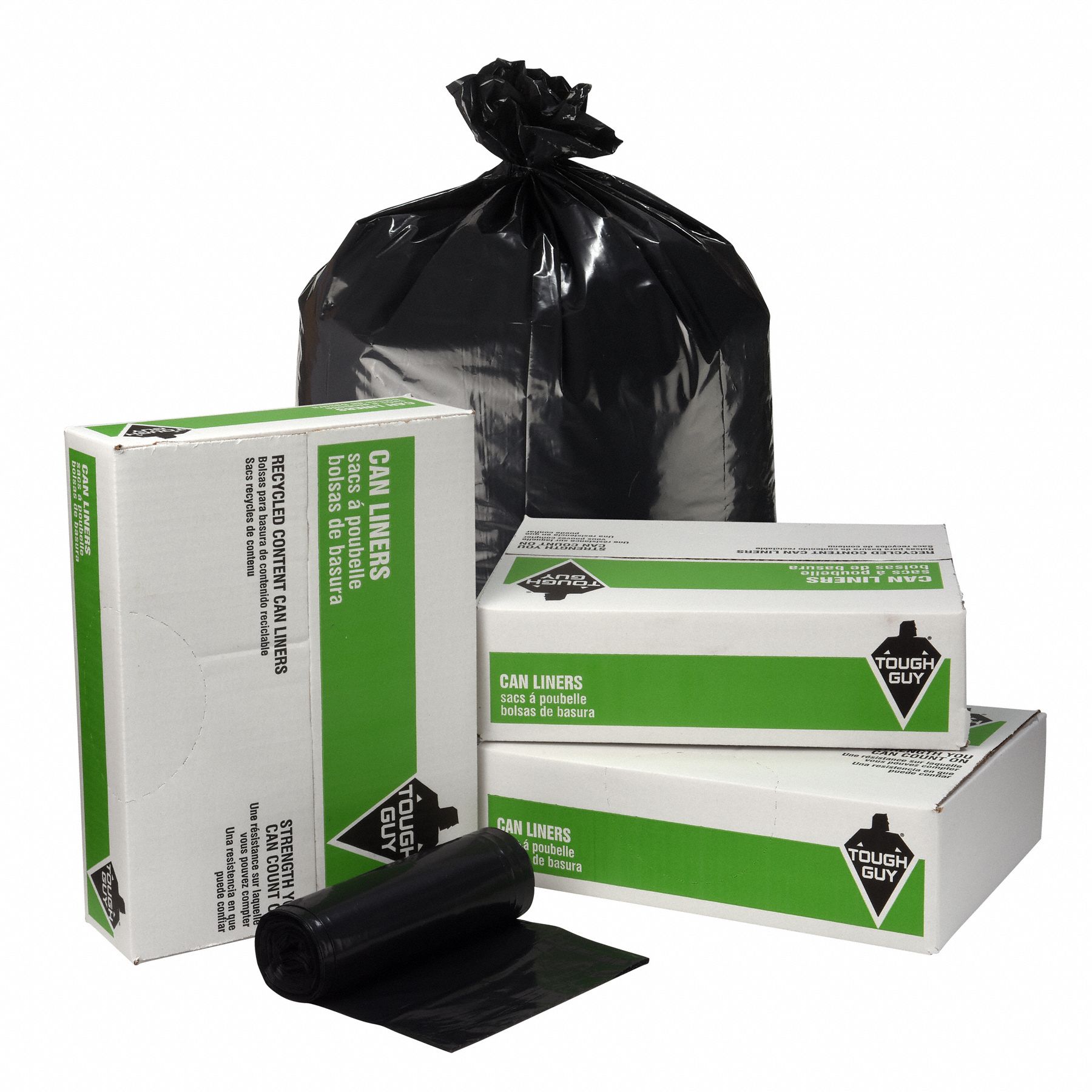 TOUGH GUY Recycled Material Trash Bag, 45 gal, LLDPE, Coreless Roll