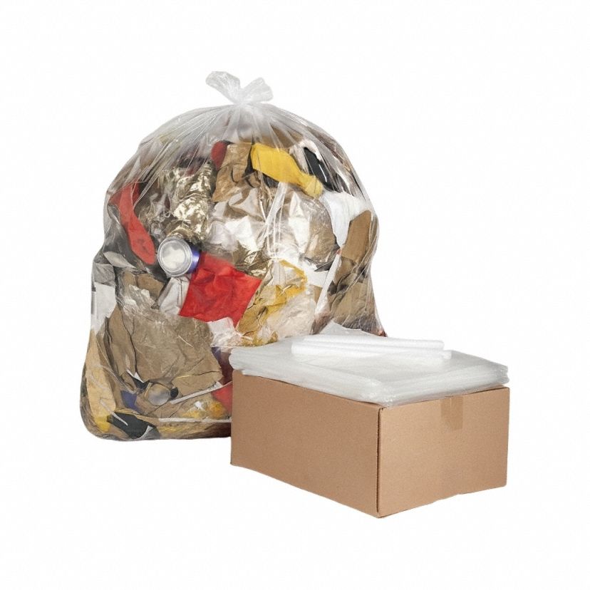 Recycled Trash Bags: 55 gal Capacity, 240 lb Max. Load, 38 in Overall Wd, 58 in Overall Ht