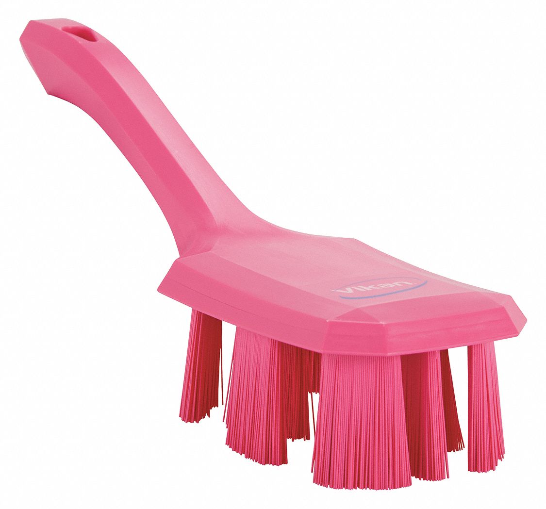 Scrub Brush: Stiff, Plastic, 4 3/4 in Brush Lg, 5 3/4 in Handle Lg, 2 7/8 in Head Wd, Pink
